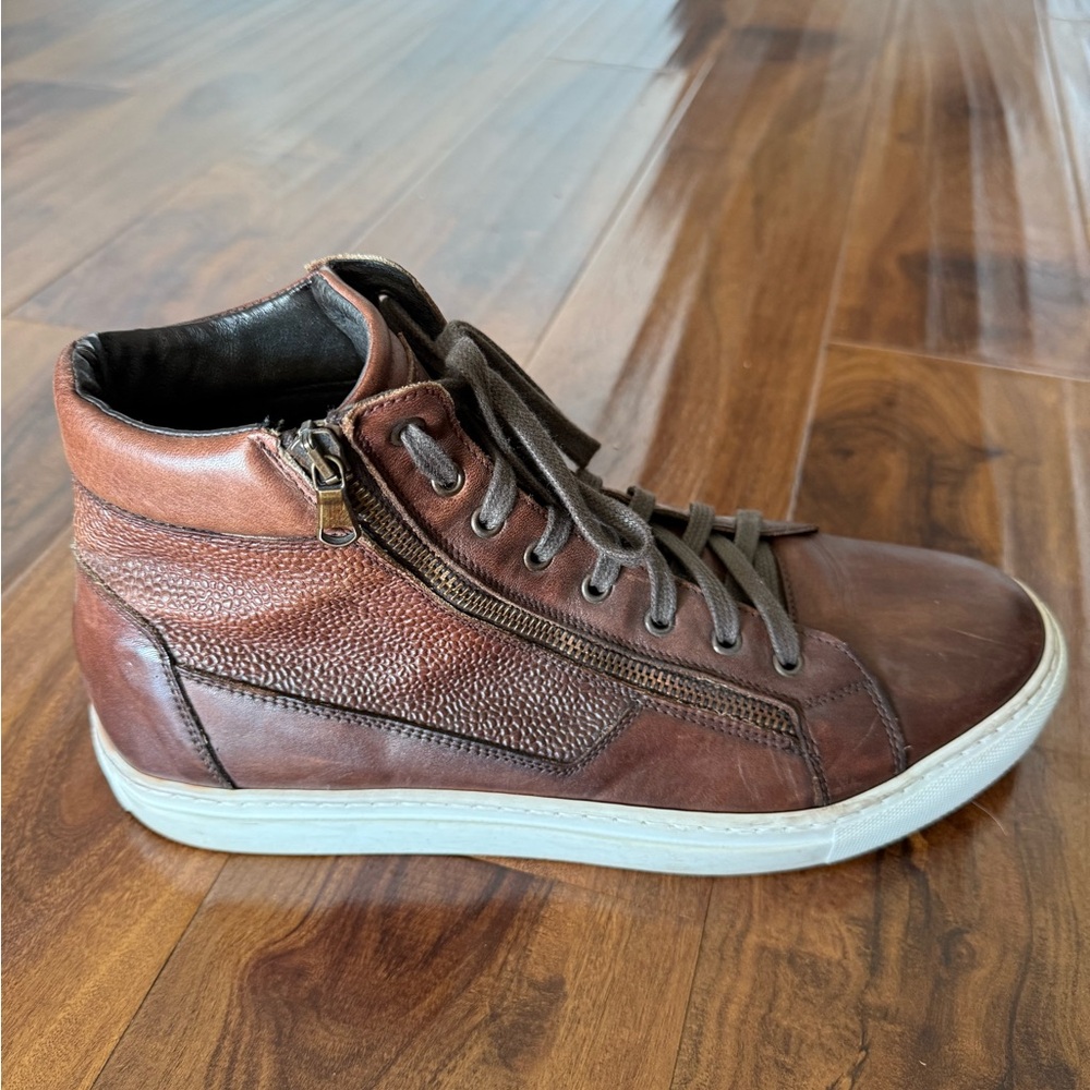 Brown Italian Leather High-Top Sneakers